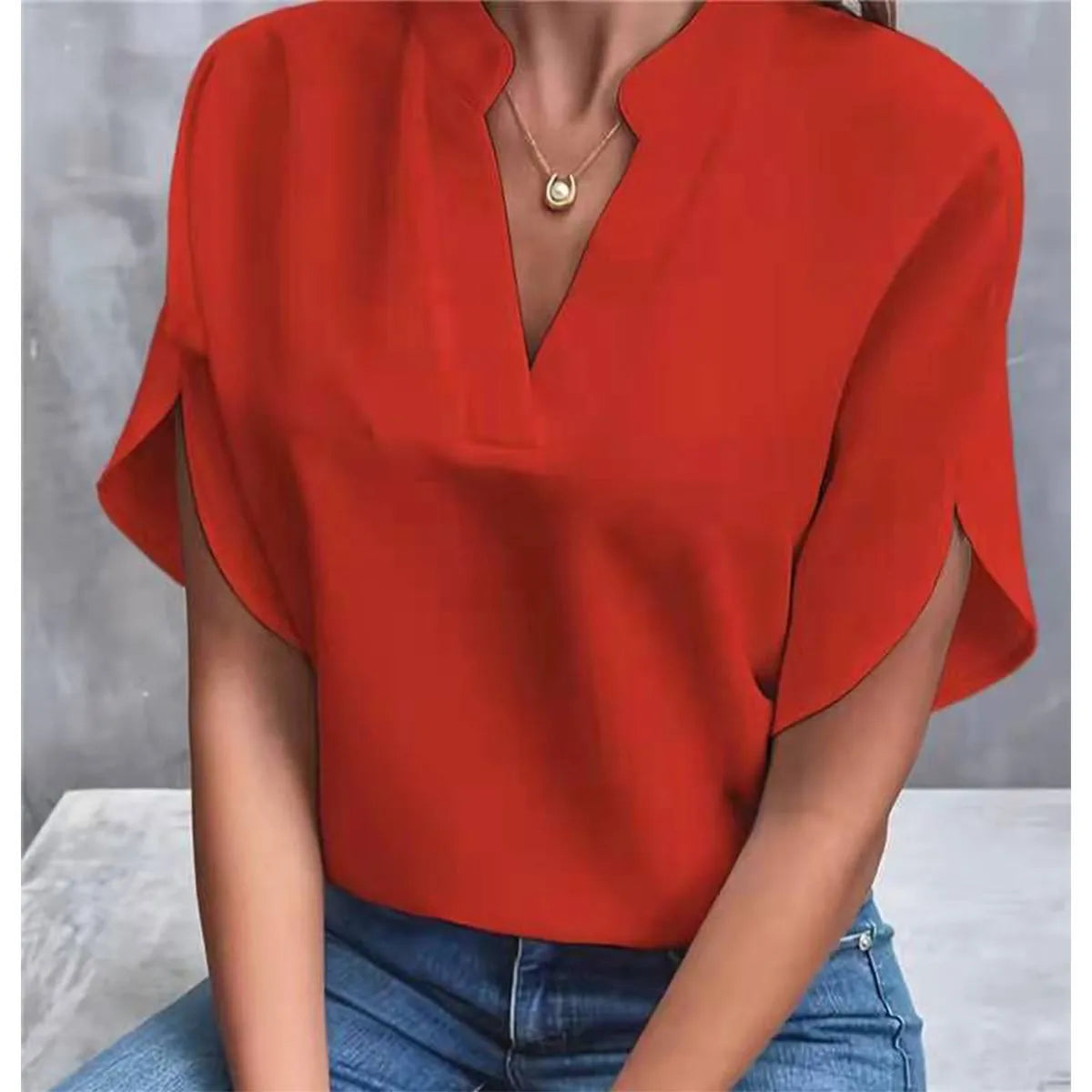 V-Neck Woven Pullover Top — Women's | Relaxed Fit | Easy Everyday Essential