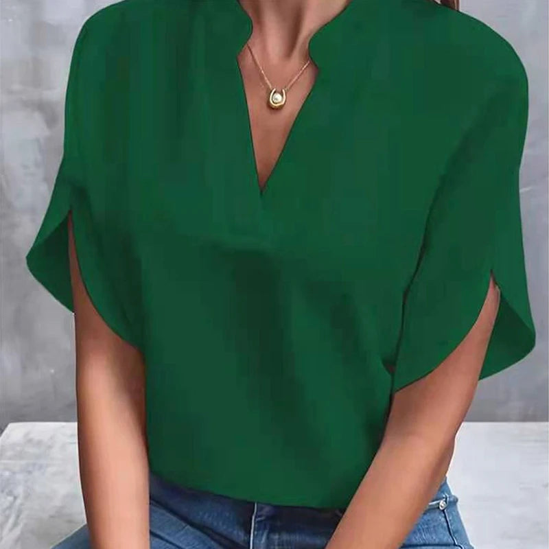 V-Neck Woven Pullover Top — Women's | Relaxed Fit | Easy Everyday Essential