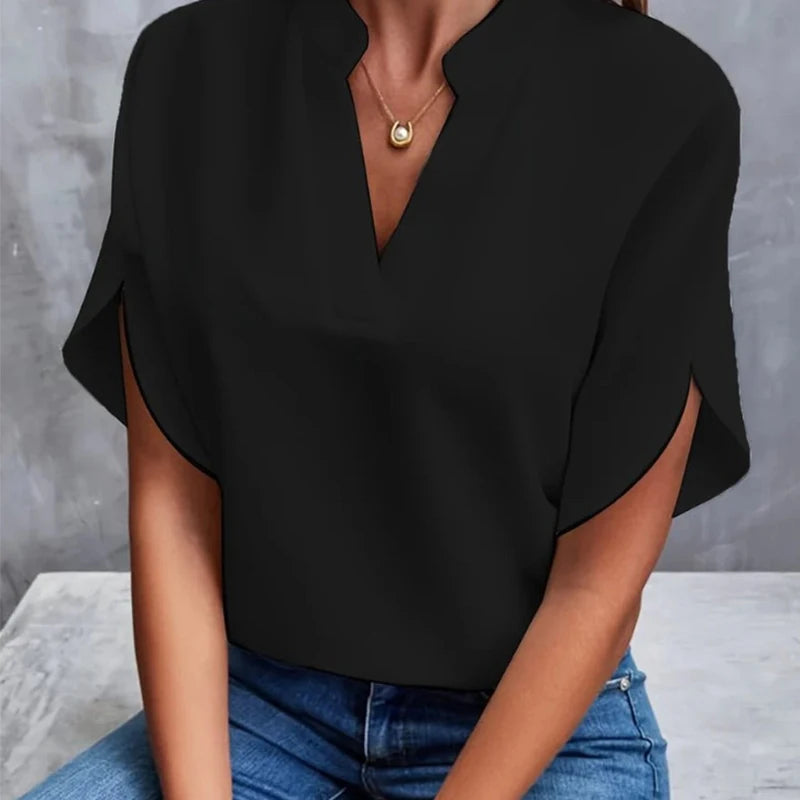V-Neck Woven Pullover Top — Women's | Relaxed Fit | Easy Everyday Essential