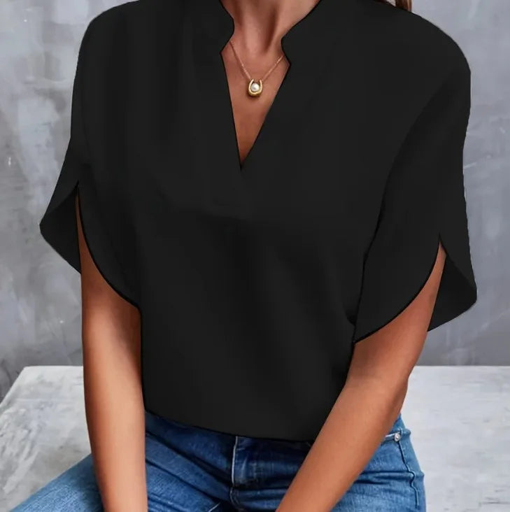 V-Neck Woven Pullover Top — Women's | Relaxed Fit | Easy Everyday Essential