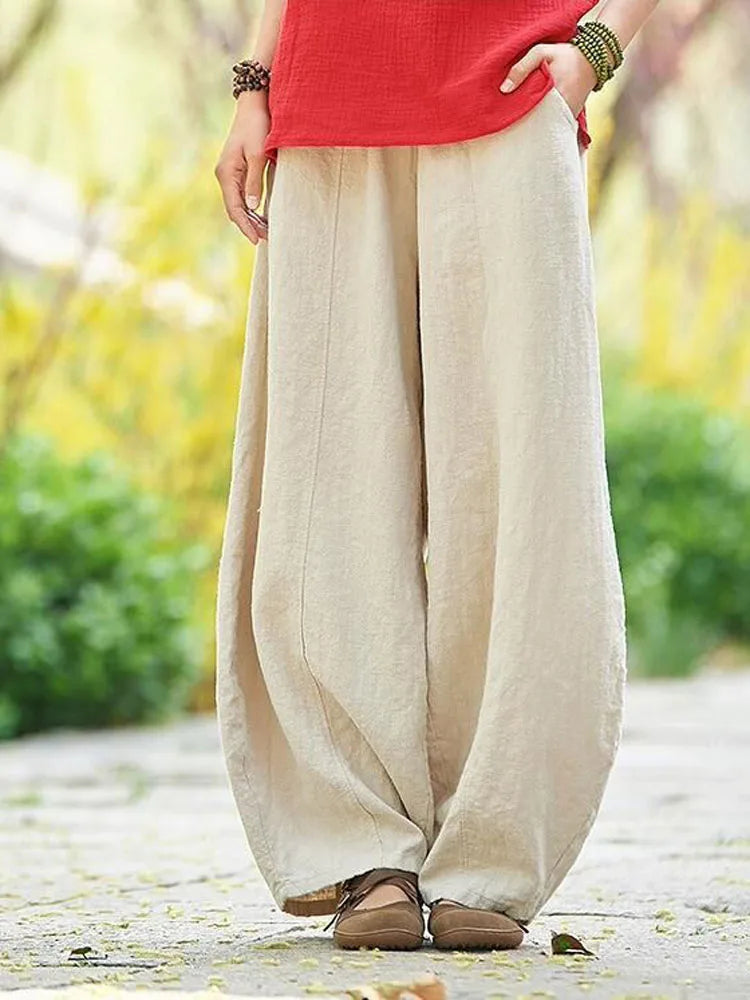 Cotton Linen Full-Length Wide-Leg Pants — Women's | Relaxed Fit | Resort Essential