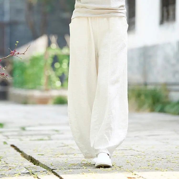 Cotton Linen Full-Length Wide-Leg Pants — Women's | Relaxed Fit | Resort Essential