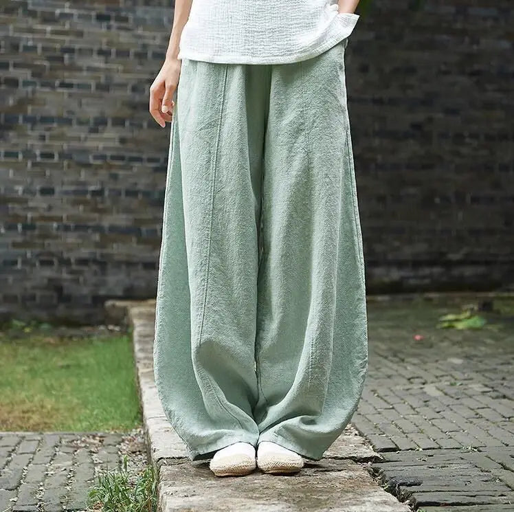 Cotton Linen Full-Length Wide-Leg Pants — Women's | Relaxed Fit | Resort Essential