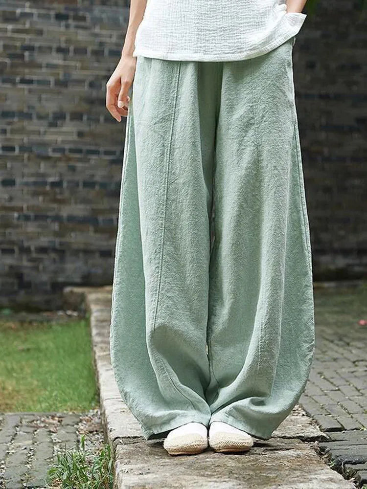 Cotton Linen Full-Length Wide-Leg Pants — Women's | Relaxed Fit | Resort Essential