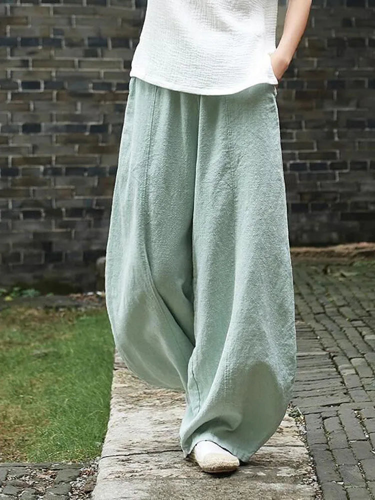 Cotton Linen Full-Length Wide-Leg Pants — Women's | Relaxed Fit | Resort Essential