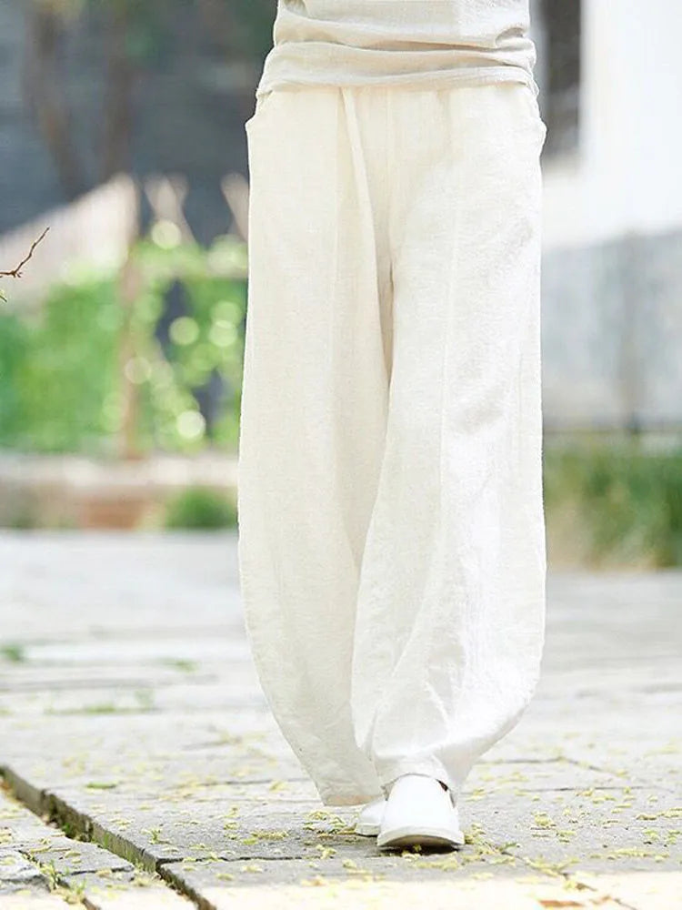 Cotton Linen Full-Length Wide-Leg Pants — Women's | Relaxed Fit | Resort Essential