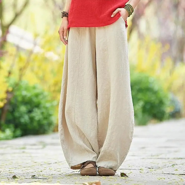 Cotton Linen Full-Length Wide-Leg Pants — Women's | Relaxed Fit | Resort Essential