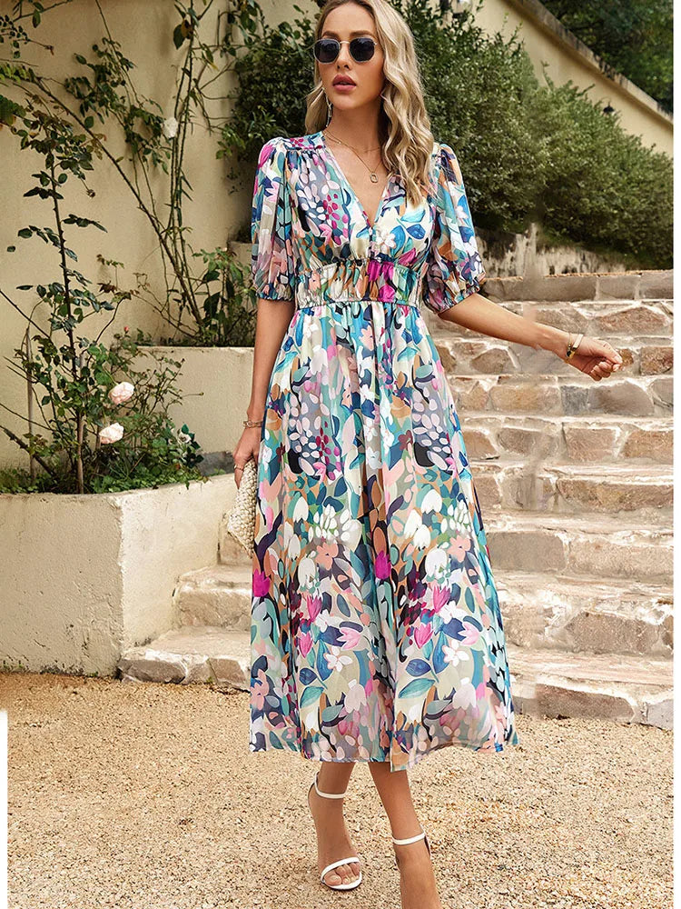 Waist-Cinched Print Woven Maxi Dress — Women's | Flattering Silhouette | Summer Style
