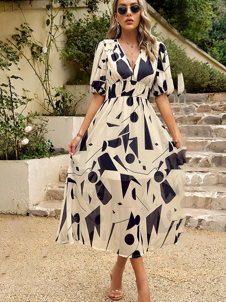 Waist-Cinched Print Woven Maxi Dress — Women's | Flattering Silhouette | Summer Style