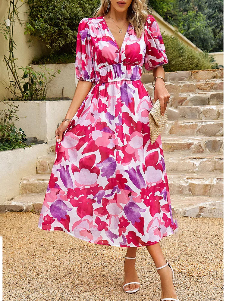 Waist-Cinched Print Woven Maxi Dress — Women's | Flattering Silhouette | Summer Style