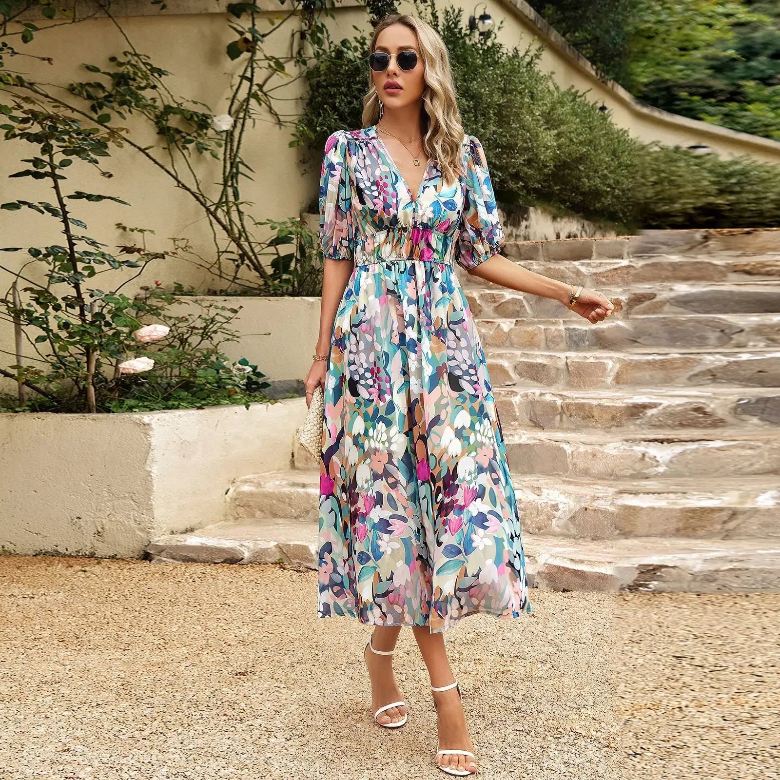 Waist-Cinched Print Woven Maxi Dress — Women's | Flattering Silhouette | Summer Style