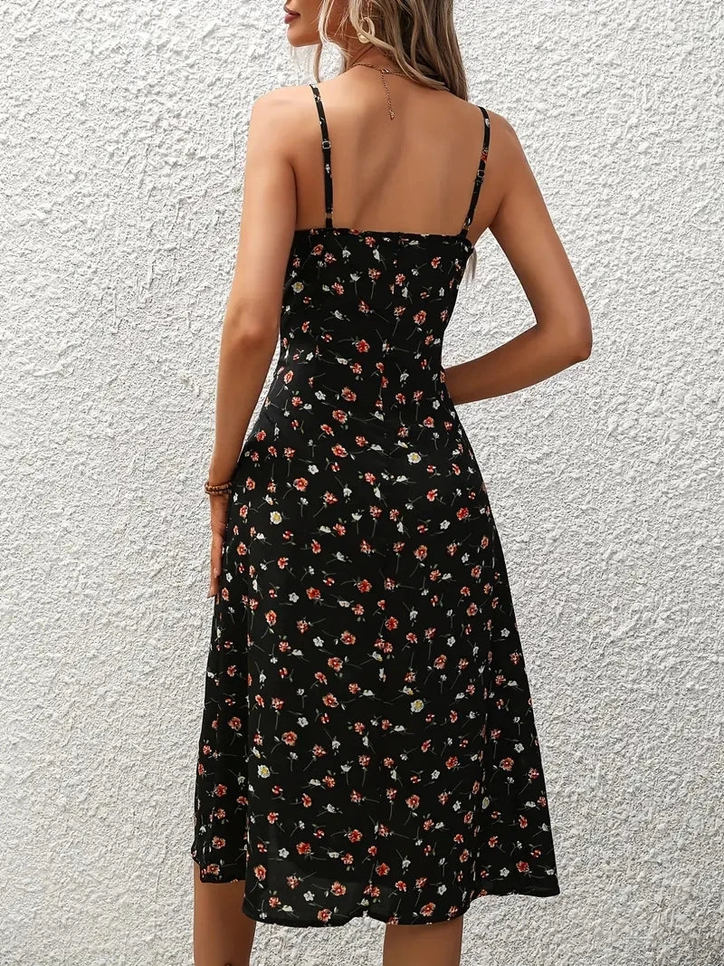 Floral Spaghetti-Strap Slit Woven Dress — Women's | Flowing Silhouette | Summer Statement