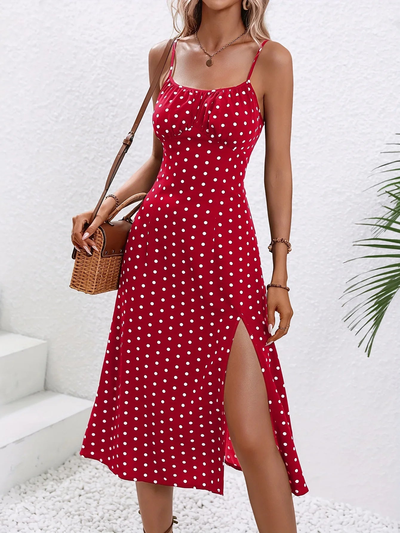 Floral Spaghetti-Strap Slit Woven Dress — Women's | Flowing Silhouette | Summer Statement