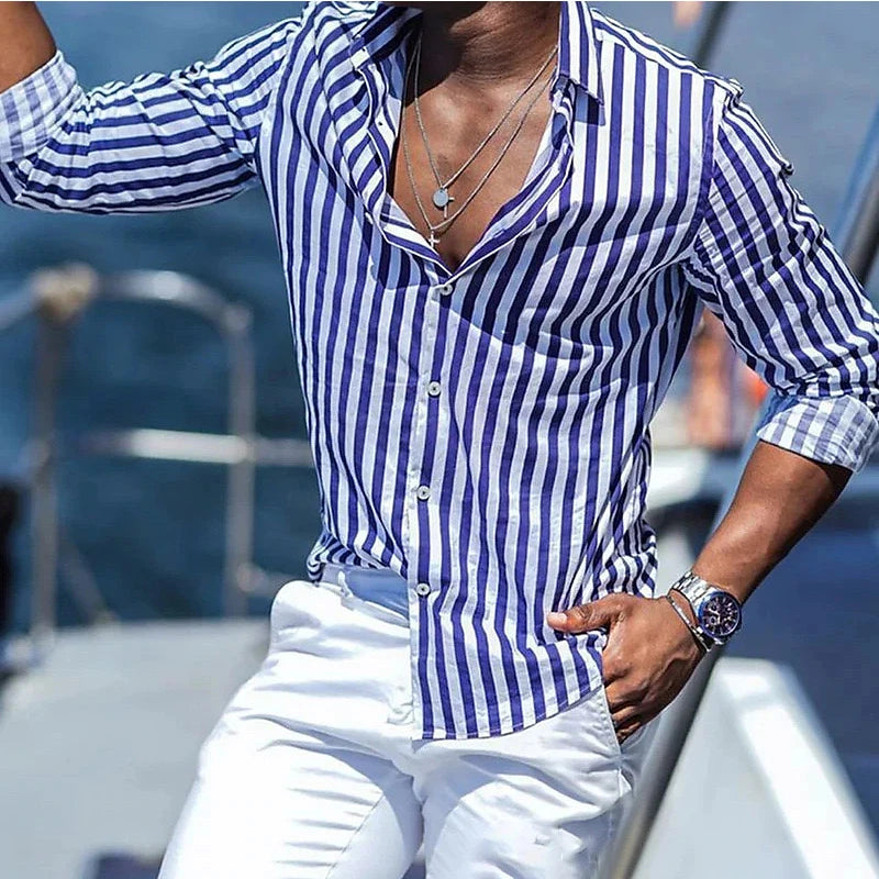 Striped Long-Sleeve Woven Shirt — Men's | Relaxed Fit | Coastal Smart Casual