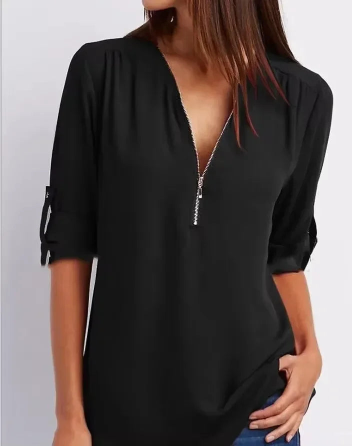 Deep V-Neck Chiffon Blouse — Women's | Lightweight Drape | Effortlessly Chic