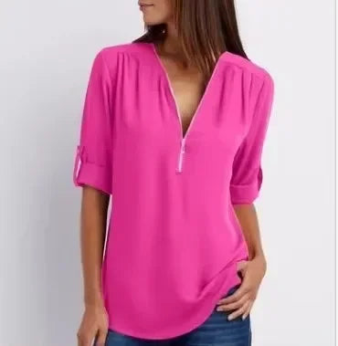 Deep V-Neck Chiffon Blouse — Women's | Lightweight Drape | Effortlessly Chic