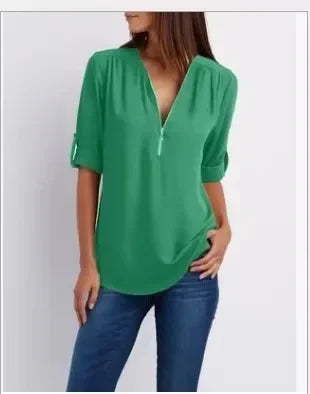 Deep V-Neck Chiffon Blouse — Women's | Lightweight Drape | Effortlessly Chic