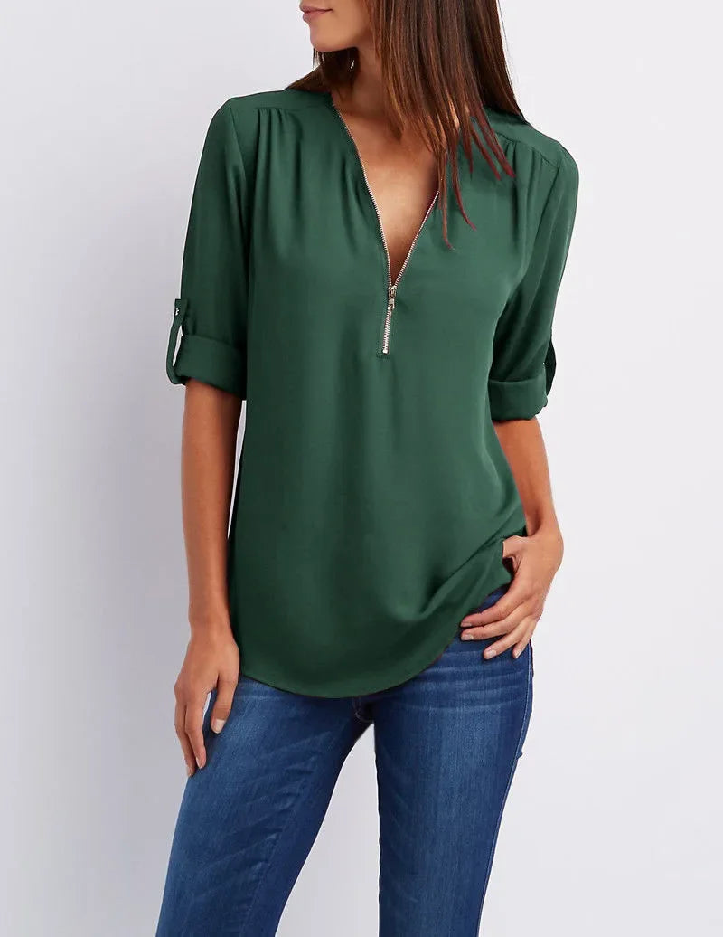 Deep V-Neck Chiffon Blouse — Women's | Lightweight Drape | Effortlessly Chic
