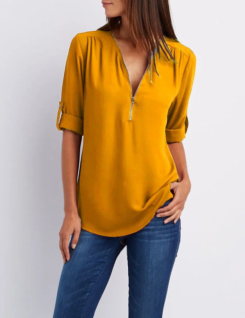 Deep V-Neck Chiffon Blouse — Women's | Lightweight Drape | Effortlessly Chic