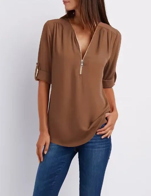 Deep V-Neck Chiffon Blouse — Women's | Lightweight Drape | Effortlessly Chic