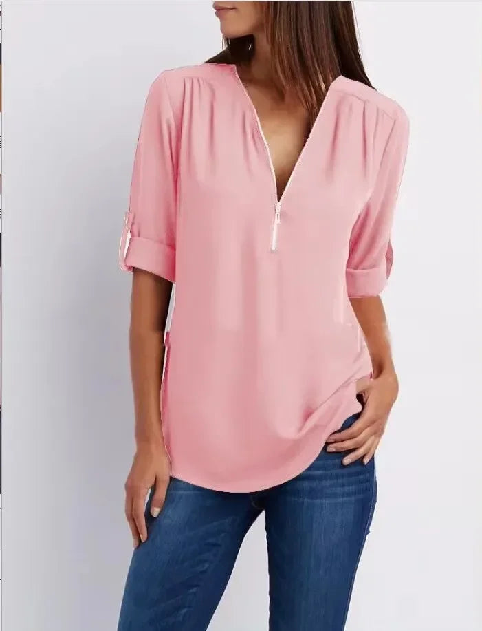 Deep V-Neck Chiffon Blouse — Women's | Lightweight Drape | Effortlessly Chic