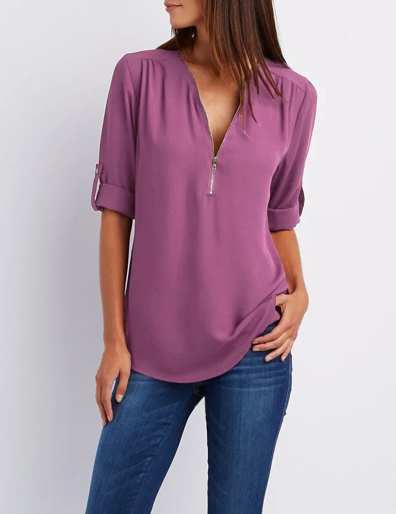Deep V-Neck Chiffon Blouse — Women's | Lightweight Drape | Effortlessly Chic