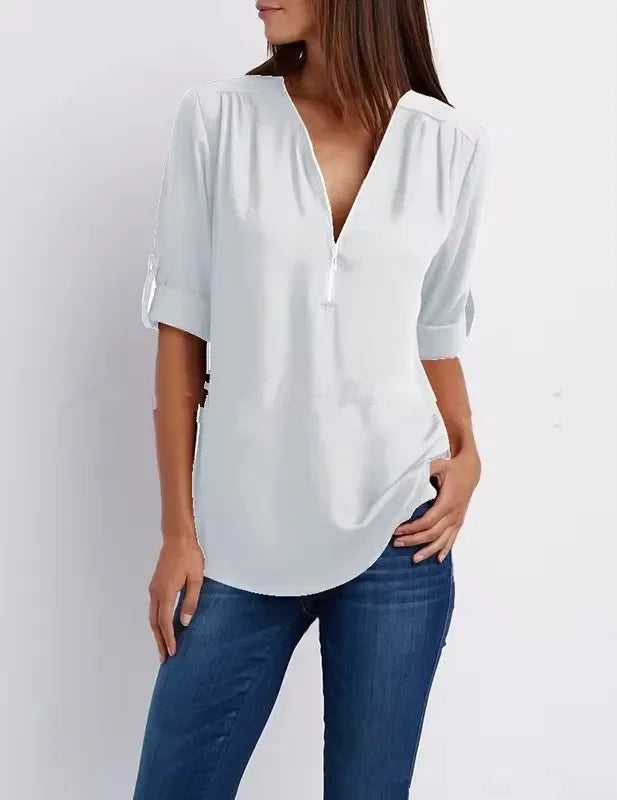 Deep V-Neck Chiffon Blouse — Women's | Lightweight Drape | Effortlessly Chic
