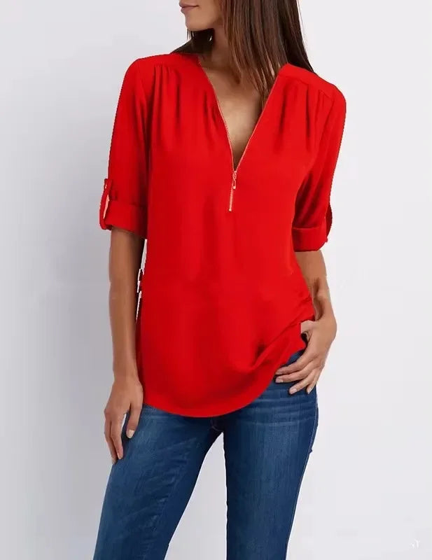Deep V-Neck Chiffon Blouse — Women's | Lightweight Drape | Effortlessly Chic