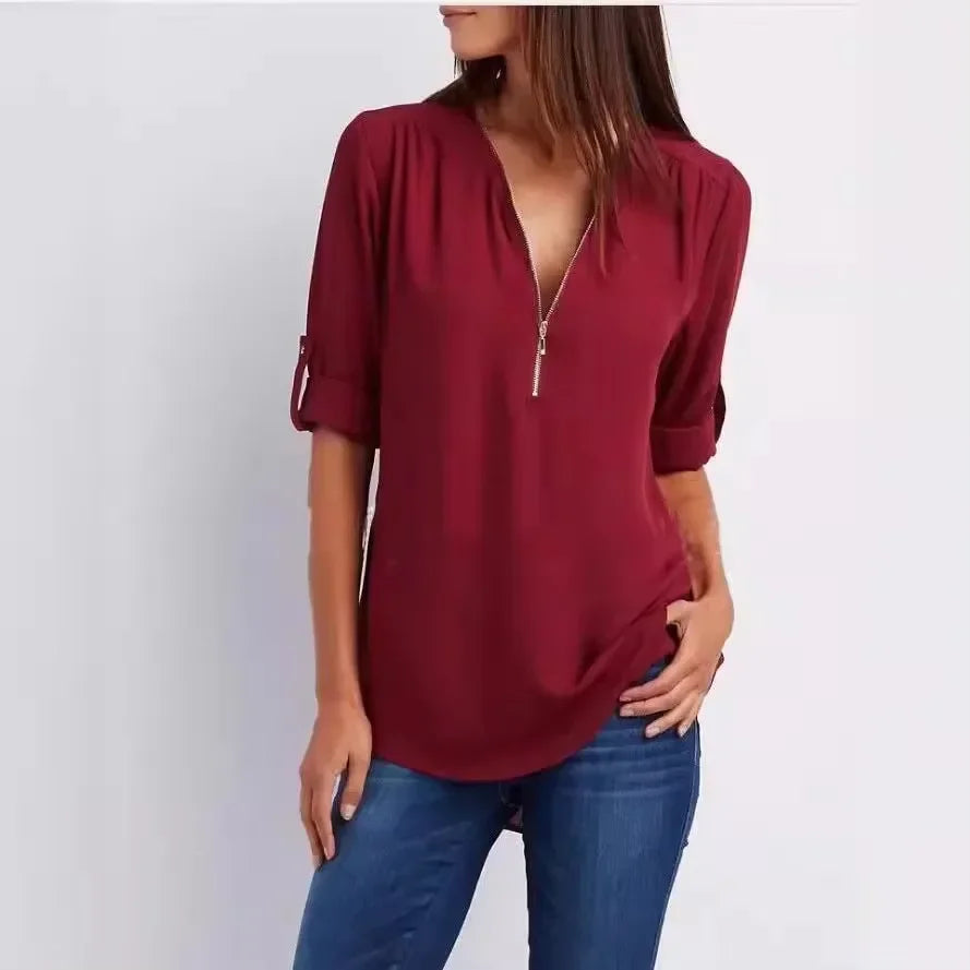 Deep V-Neck Chiffon Blouse — Women's | Lightweight Drape | Effortlessly Chic