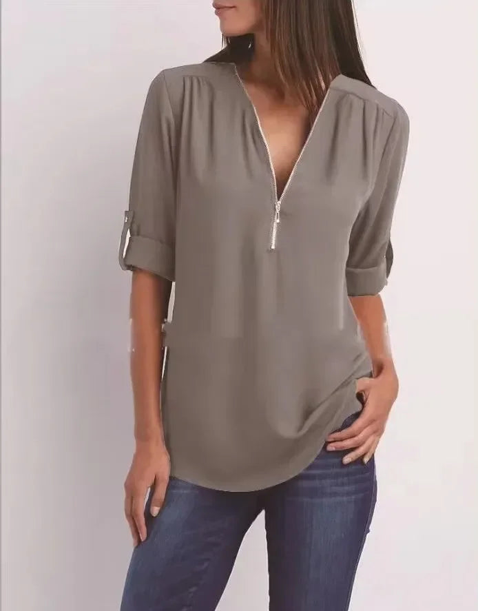 Deep V-Neck Chiffon Blouse — Women's | Lightweight Drape | Effortlessly Chic