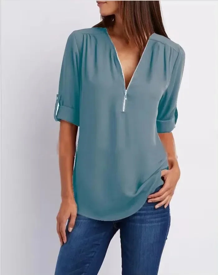 Deep V-Neck Chiffon Blouse — Women's | Lightweight Drape | Effortlessly Chic