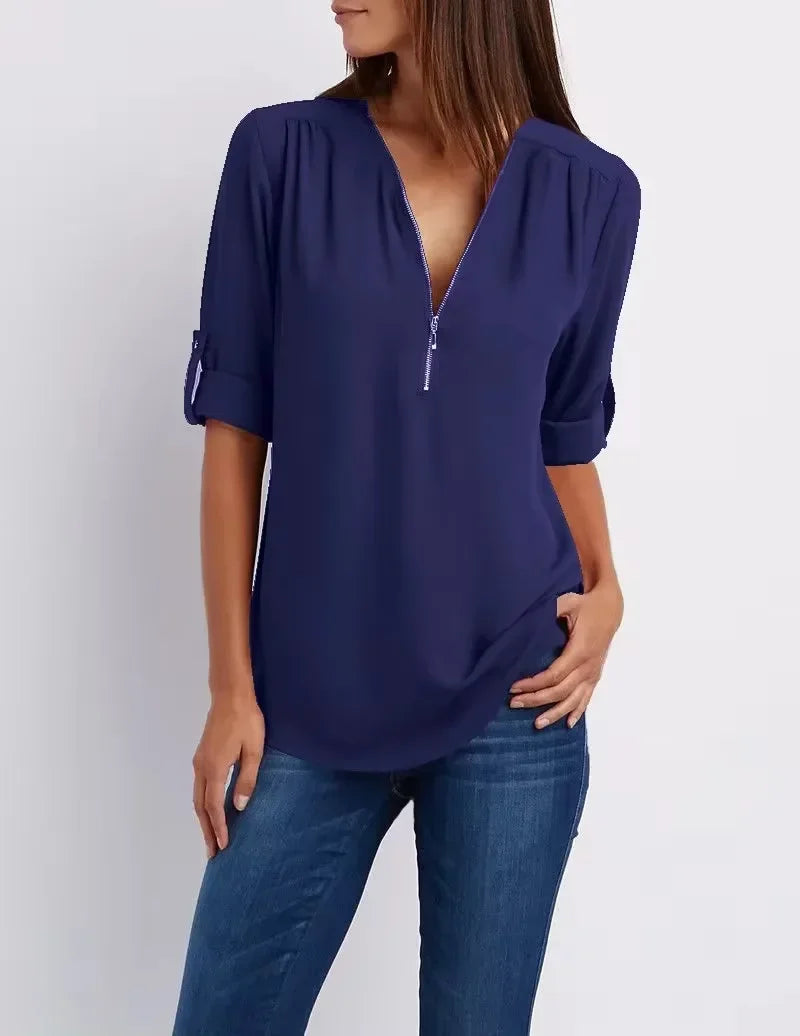 Deep V-Neck Chiffon Blouse — Women's | Lightweight Drape | Effortlessly Chic
