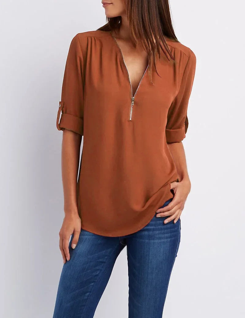 Deep V-Neck Chiffon Blouse — Women's | Lightweight Drape | Effortlessly Chic
