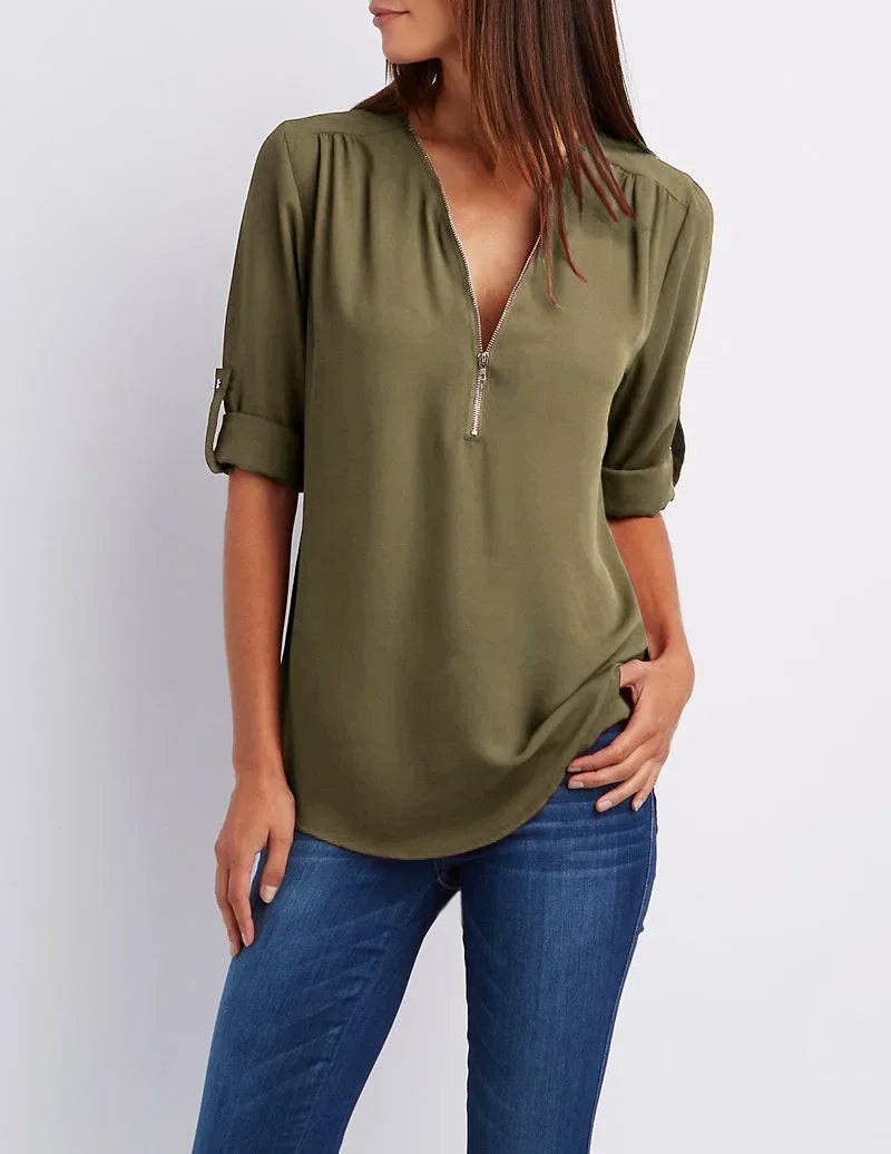 Deep V-Neck Chiffon Blouse — Women's | Lightweight Drape | Effortlessly Chic