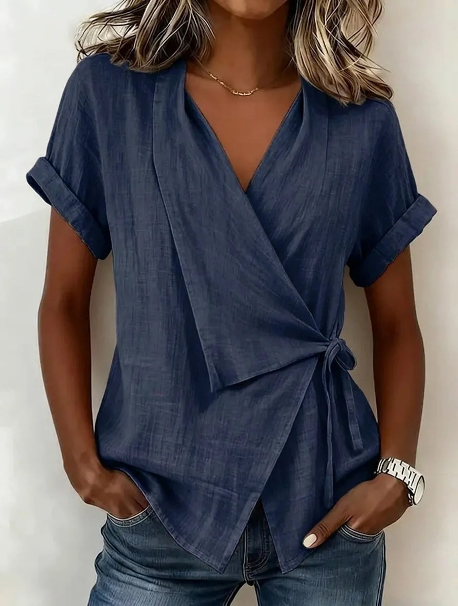 Stand-Collar Asymmetrical Woven Top — Women's | Modern Cut | Statement Casual