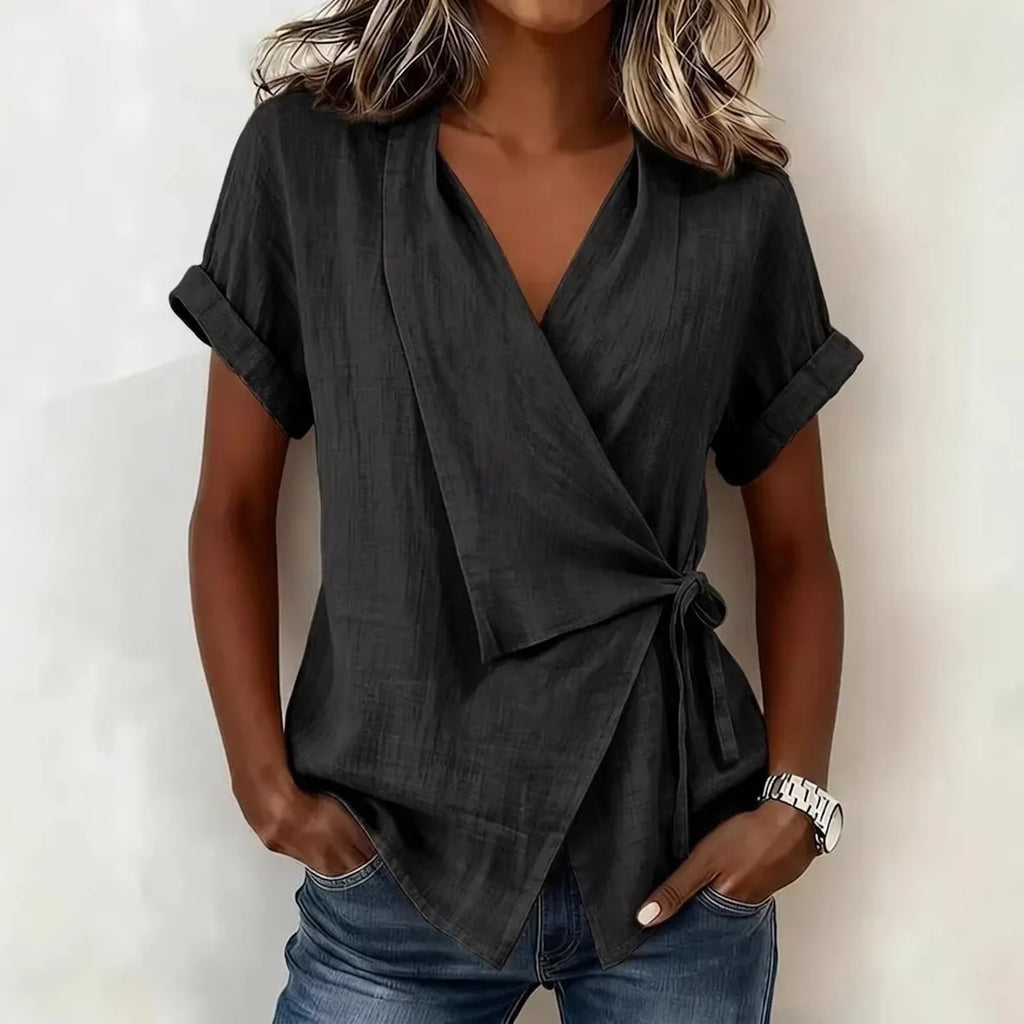 Stand-Collar Asymmetrical Woven Top — Women's | Modern Cut | Statement Casual