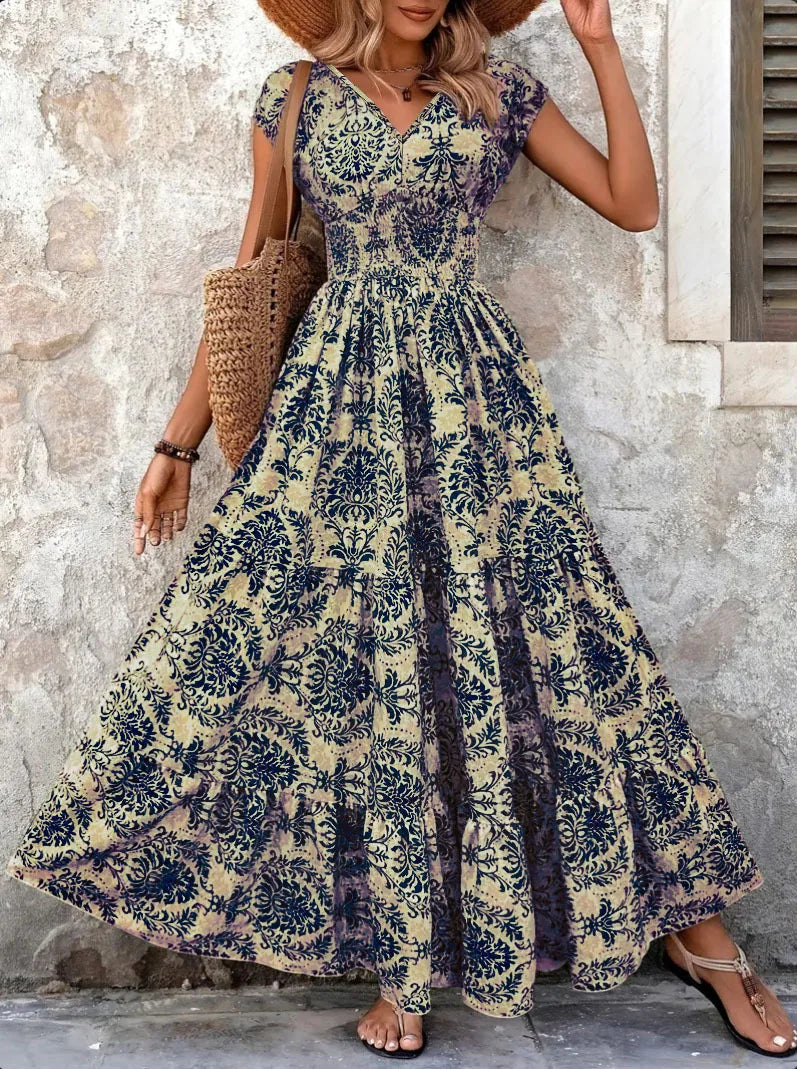Vintage Floral V-Neck Woven Gown — Women's | Flowing Length | Romantic Statement