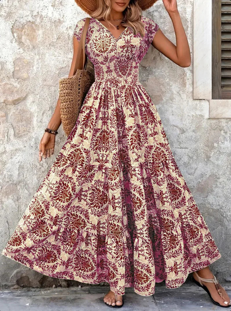 Vintage Floral V-Neck Woven Gown — Women's | Flowing Length | Romantic Statement