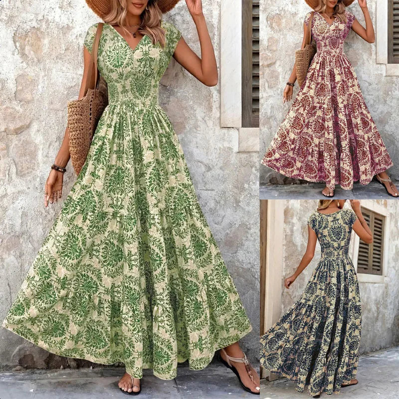 Vintage Floral V-Neck Woven Gown — Women's | Flowing Length | Romantic Statement