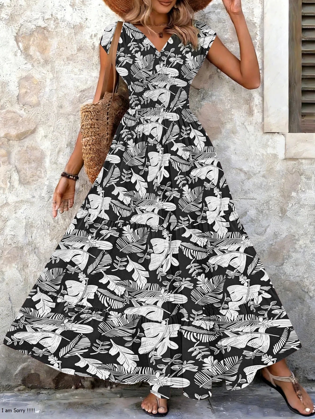 Vintage Floral V-Neck Woven Gown — Women's | Flowing Length | Romantic Statement