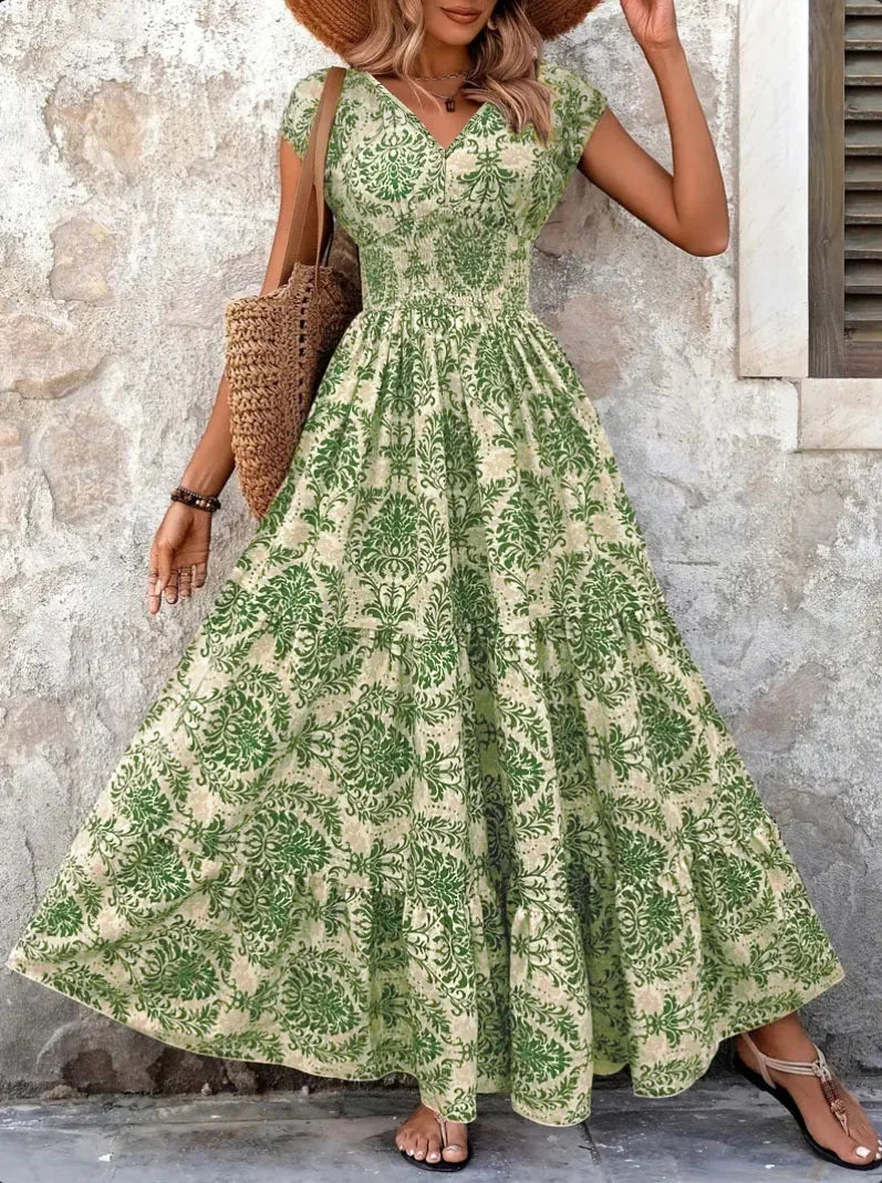 Vintage Floral V-Neck Woven Gown — Women's | Flowing Length | Romantic Statement