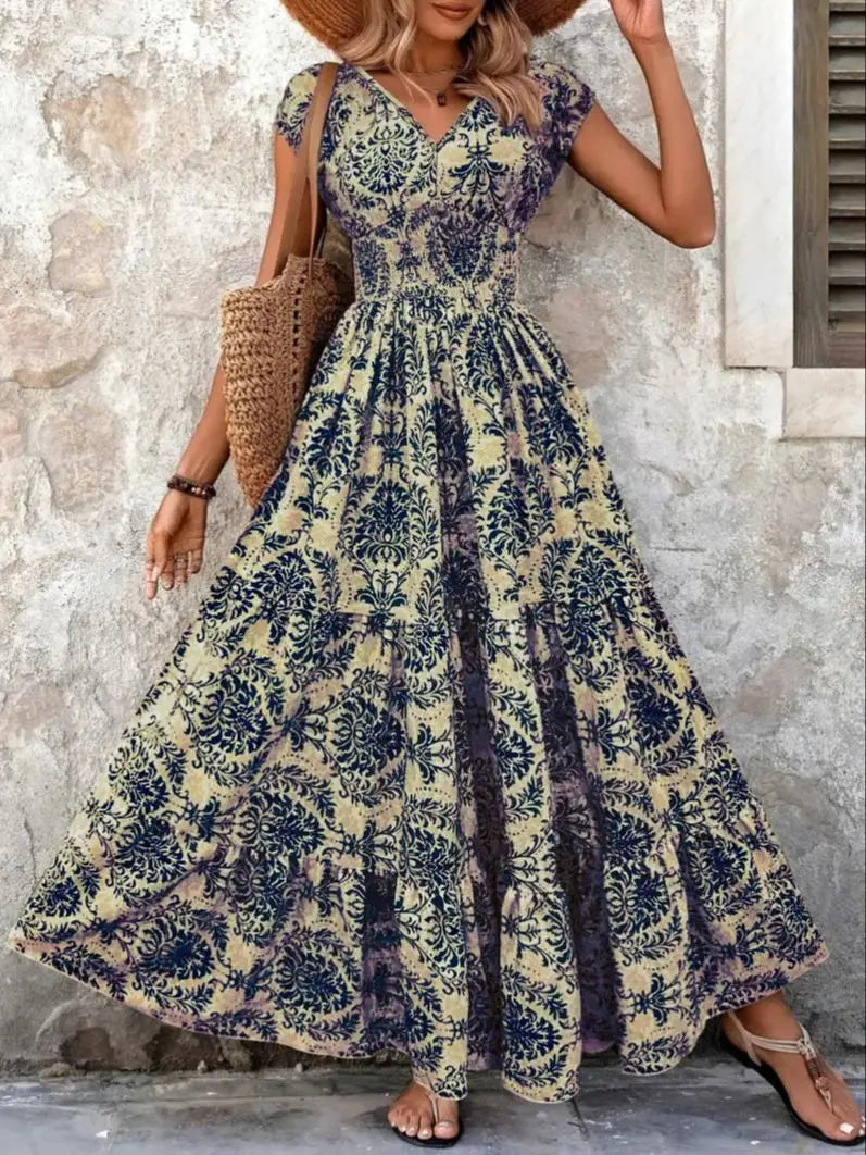 Vintage Floral V-Neck Woven Gown — Women's | Flowing Length | Romantic Statement