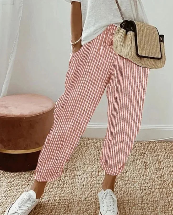 Striped Drawstring Woven Pants — Women's | Elastic Waist | Easy Casual
