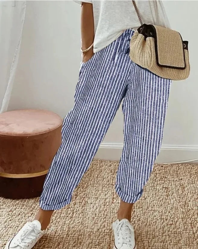 Striped Drawstring Woven Pants — Women's | Elastic Waist | Easy Casual