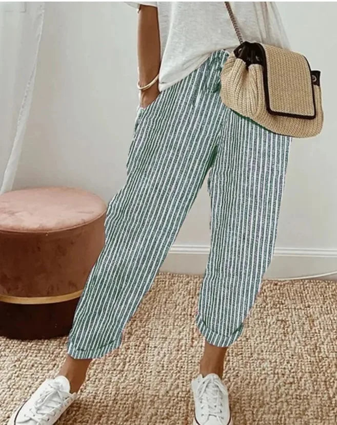 Striped Drawstring Woven Pants — Women's | Elastic Waist | Easy Casual