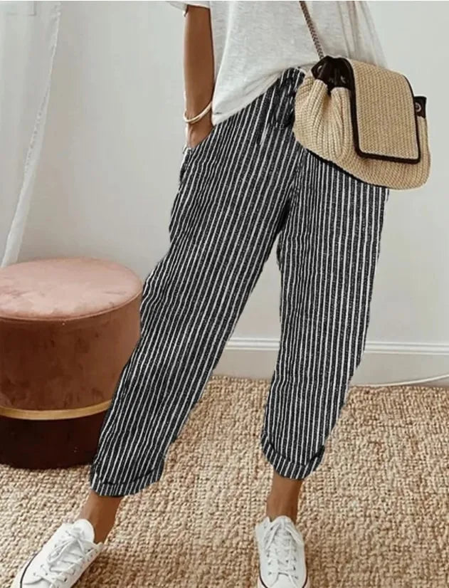 Striped Drawstring Woven Pants — Women's | Elastic Waist | Easy Casual