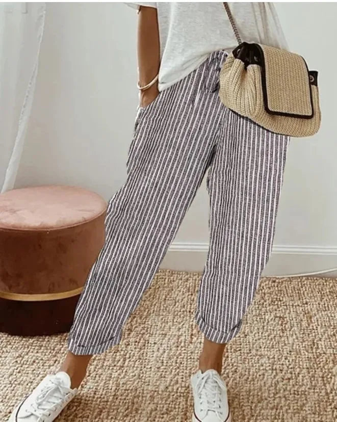 Striped Drawstring Woven Pants — Women's | Elastic Waist | Easy Casual