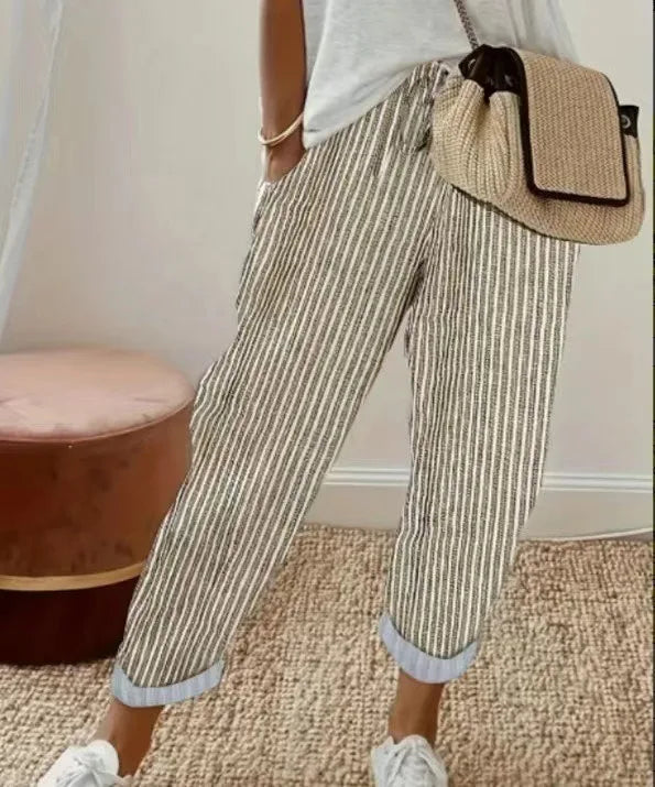 Striped Drawstring Woven Pants — Women's | Elastic Waist | Easy Casual