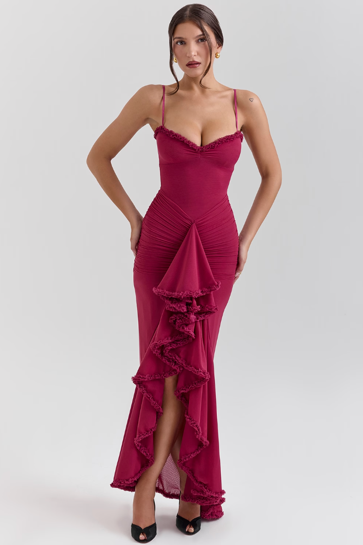 Alexandra — Lace Ruched Midi Dress | Fitted Silhouette | Feminine Evening