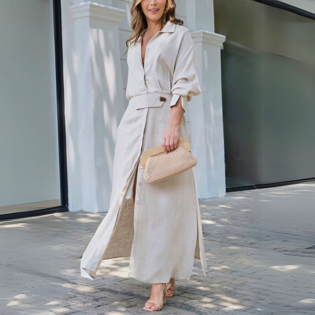 Amara — V-Neck Woven Maxi Dress | Flowing Silhouette | Timeless Elegance